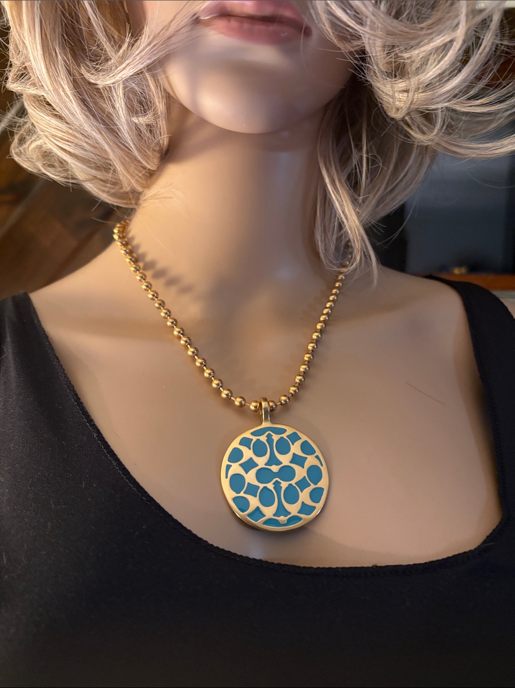 Coach Brass Tone Necklace With Teal Enamel Signature Câs Medallion